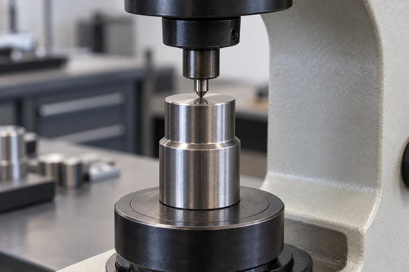 Rockwell hardness indenter contacting the flat end face of a securely supported short alloy steel shaft