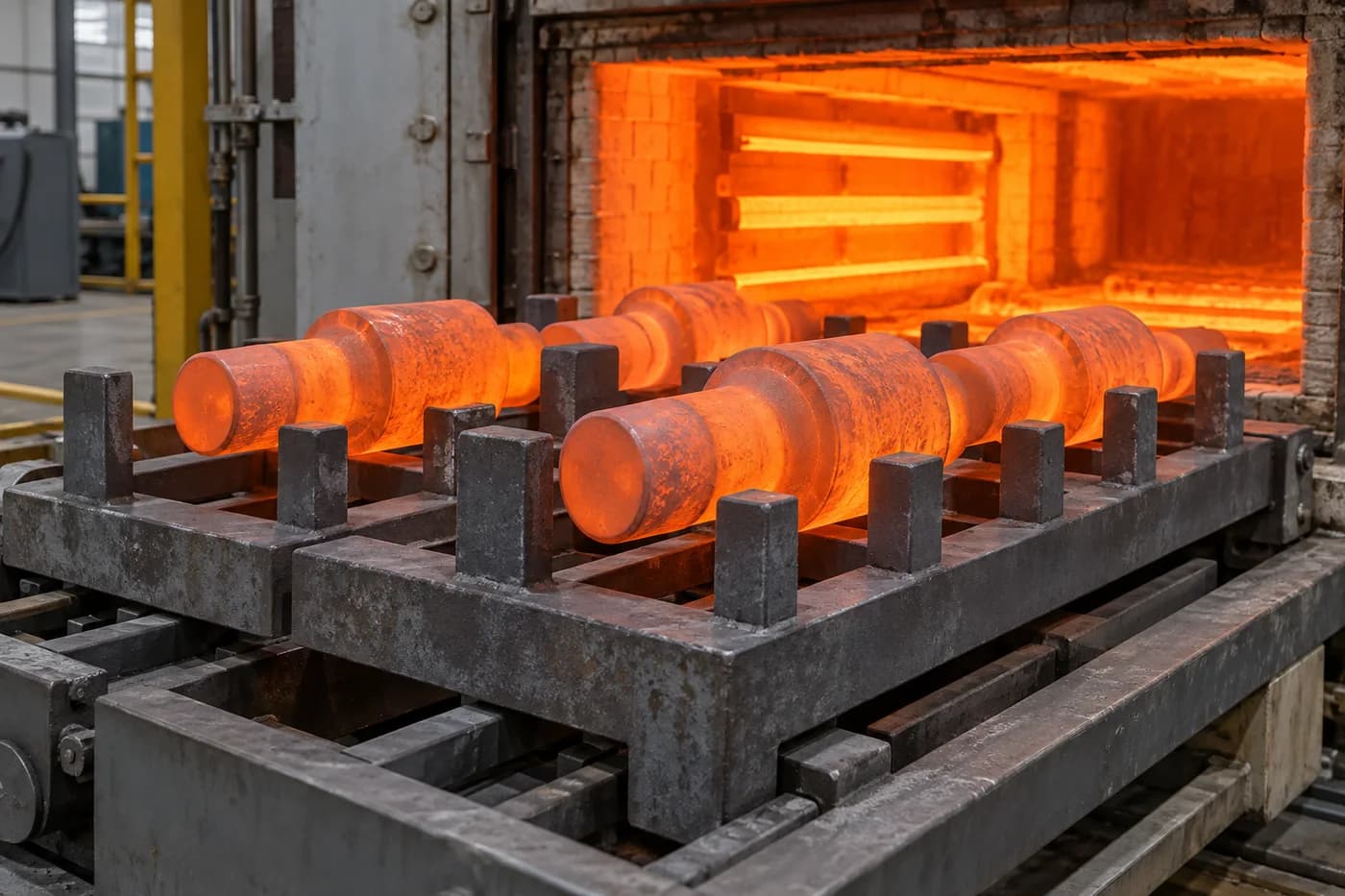 Alloy steel shaft blanks spaced on a heat-treatment furnace loading fixture