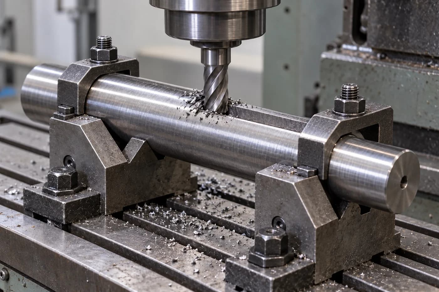 Vertical end mill cutting an axial keyway in an alloy steel shaft clamped in V blocks