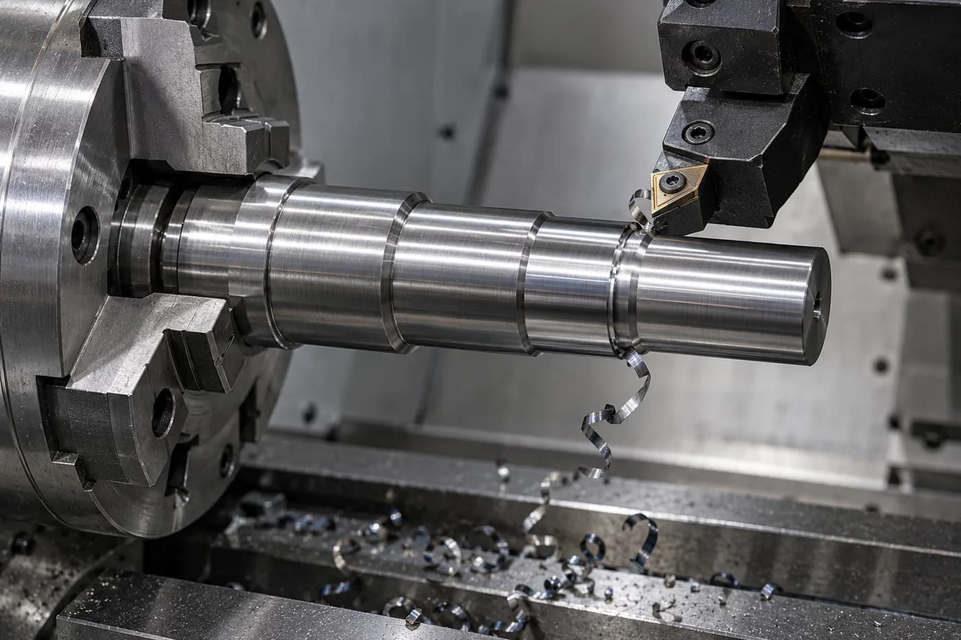 Carbide turning insert machining an alloy steel shaft journal held in a lathe chuck