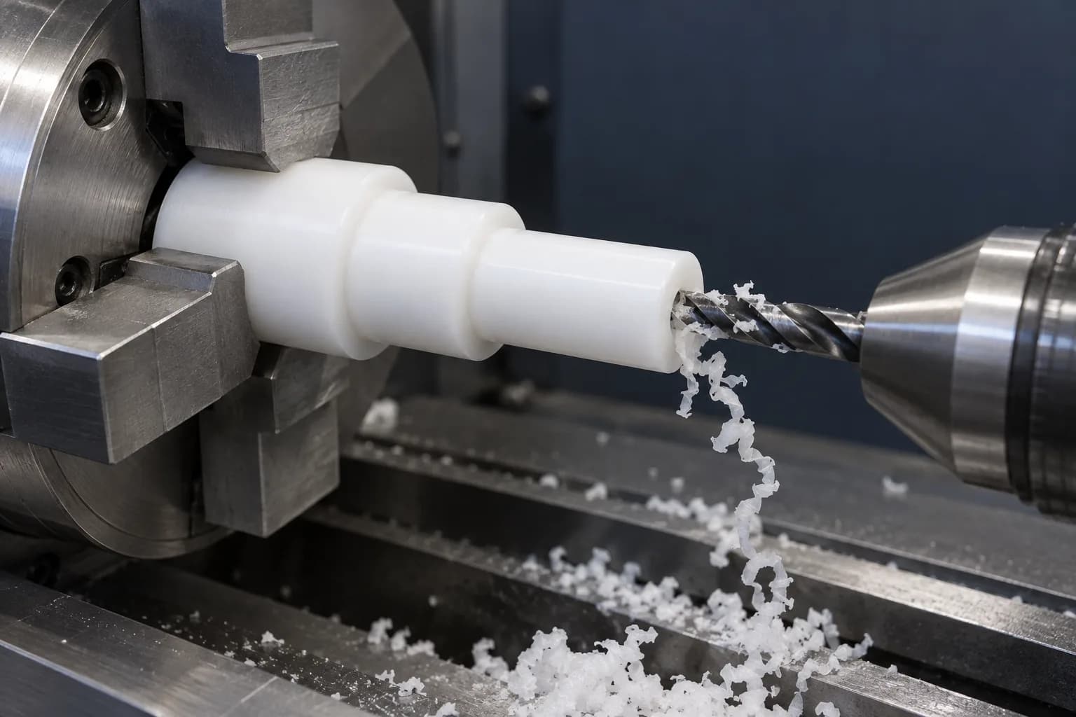 Drilling & Threading operation on a natural white or black acetal shaft