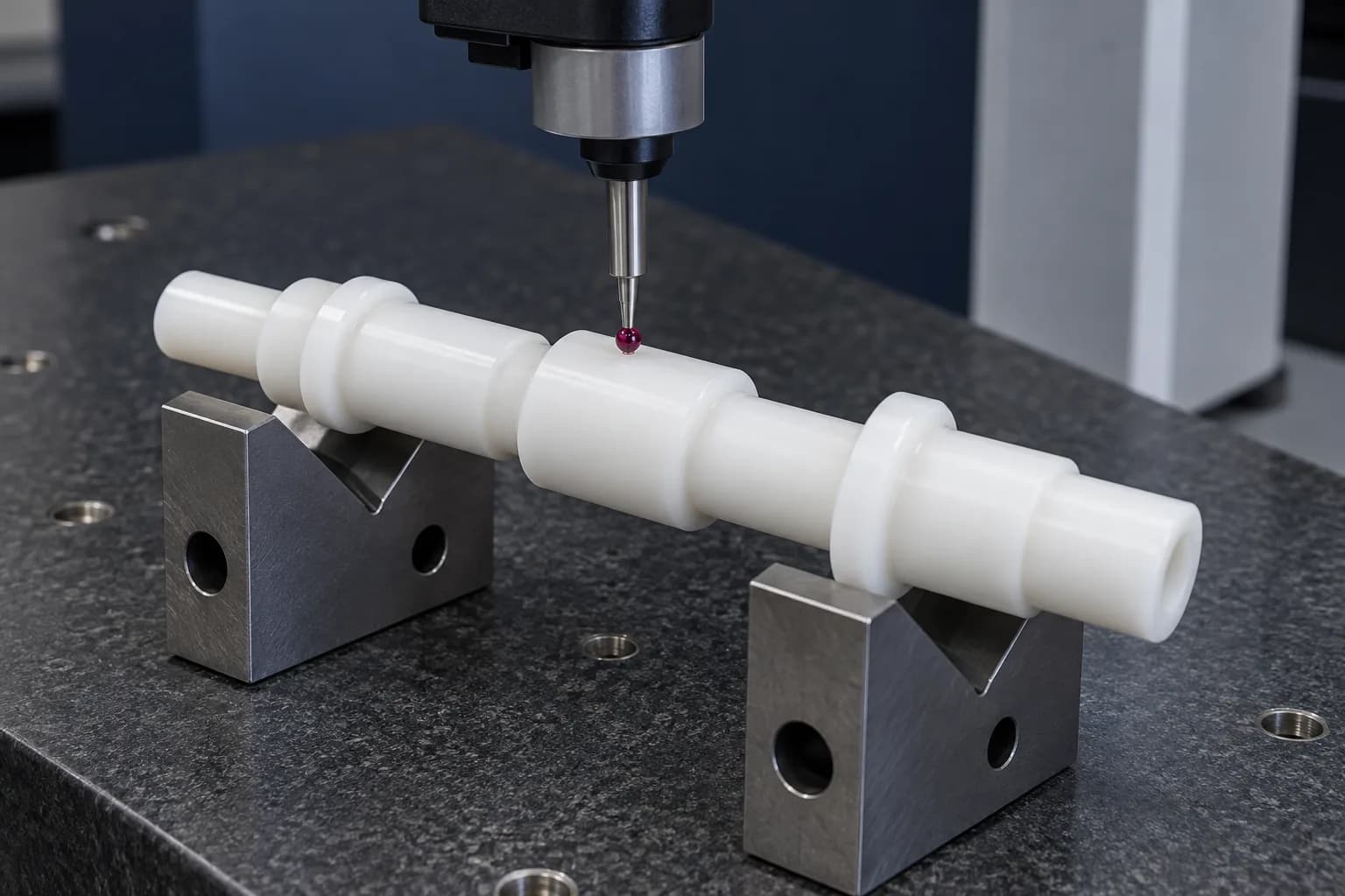 Dimensional Inspection operation on a natural white or black acetal shaft