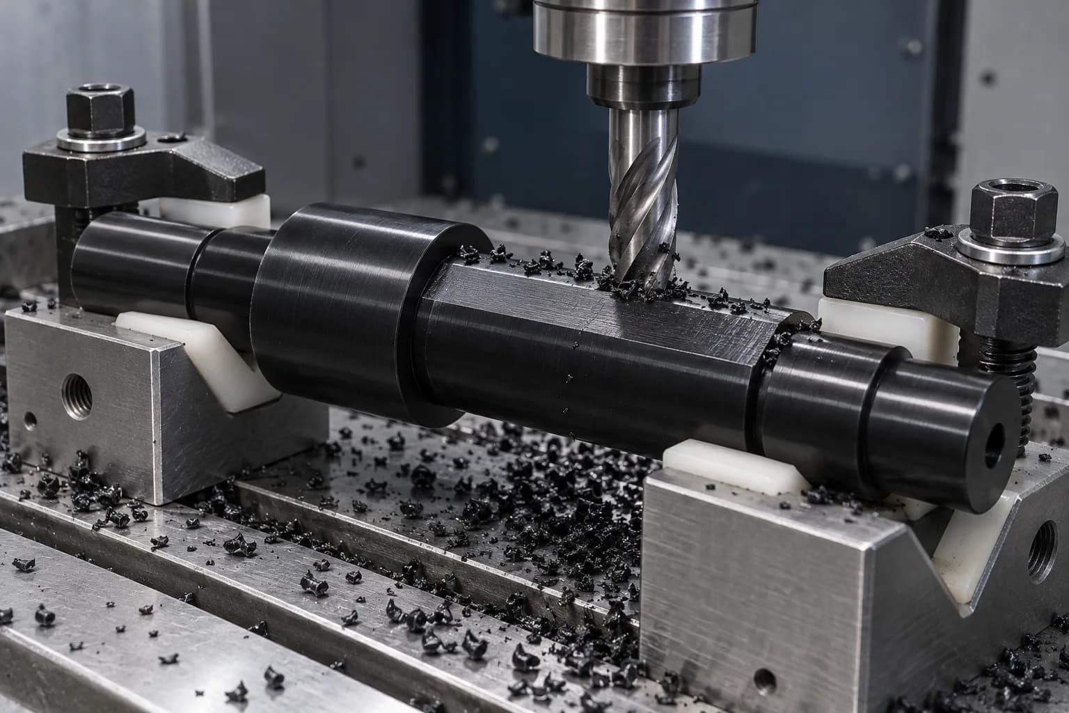 CNC Milling operation on a natural white or black acetal shaft