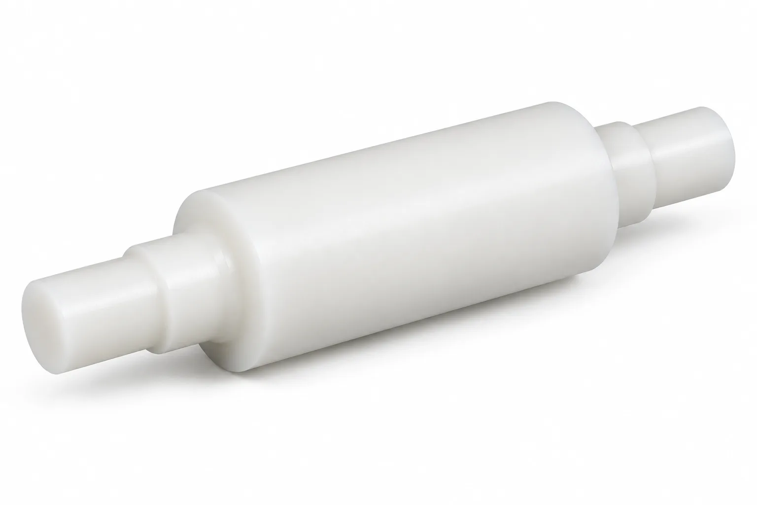 Roller Shafts showing opaque acetal plastic and finished machining features on white