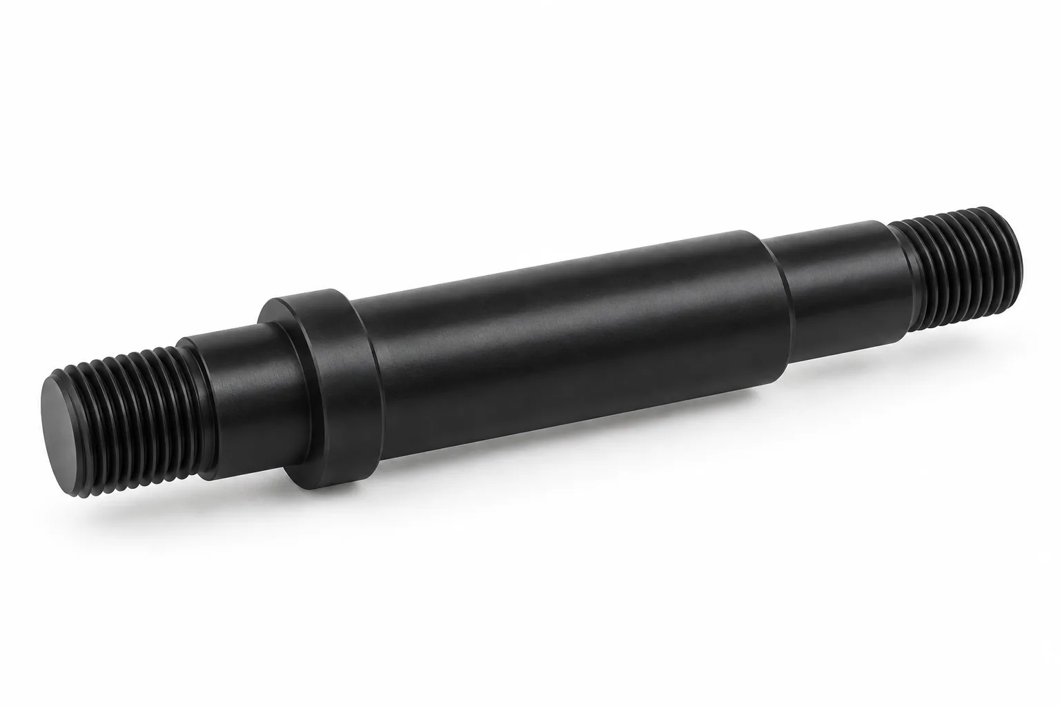 Threaded POM Shafts showing opaque acetal plastic and finished machining features on white