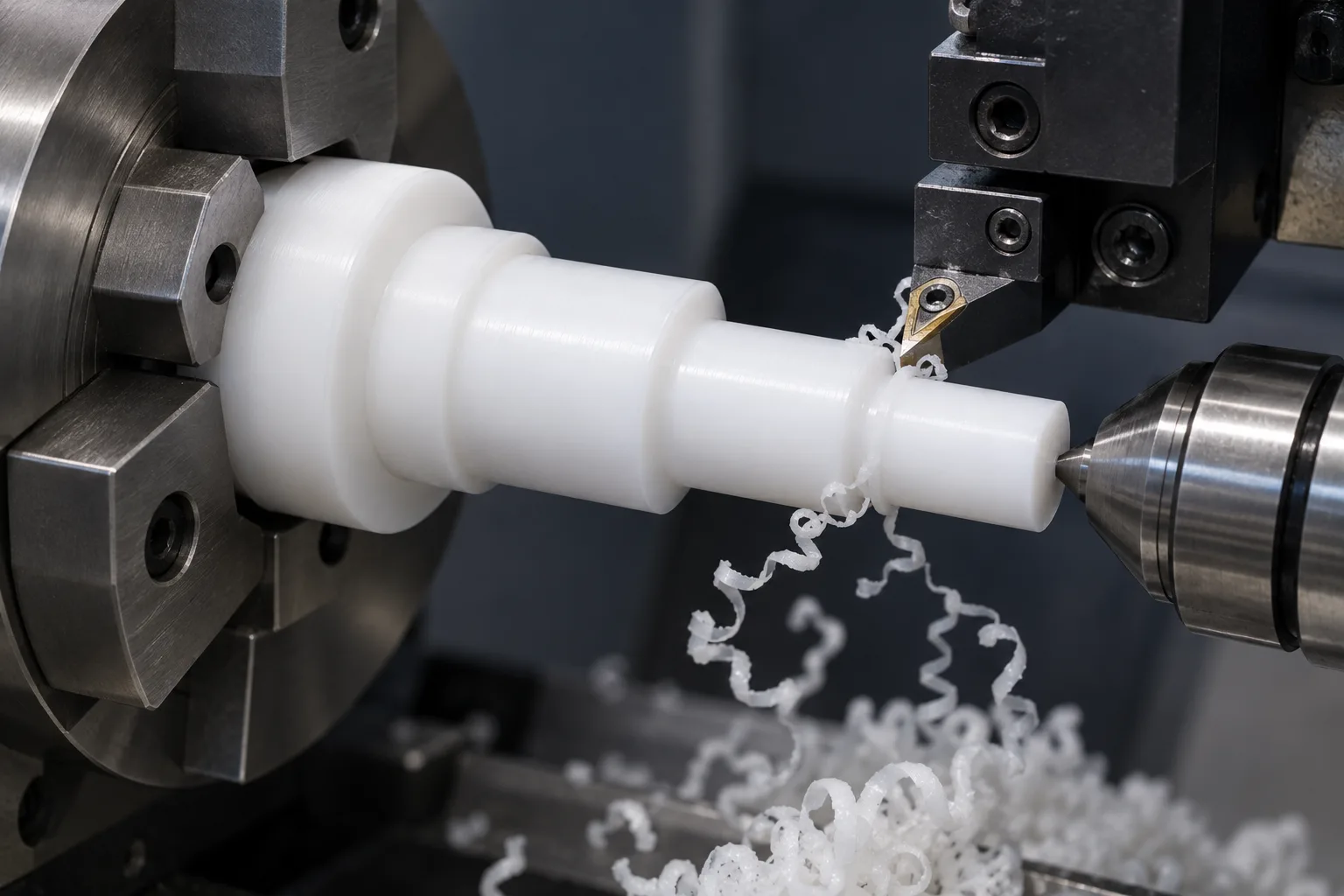 CNC Turning operation on a natural white or black acetal shaft