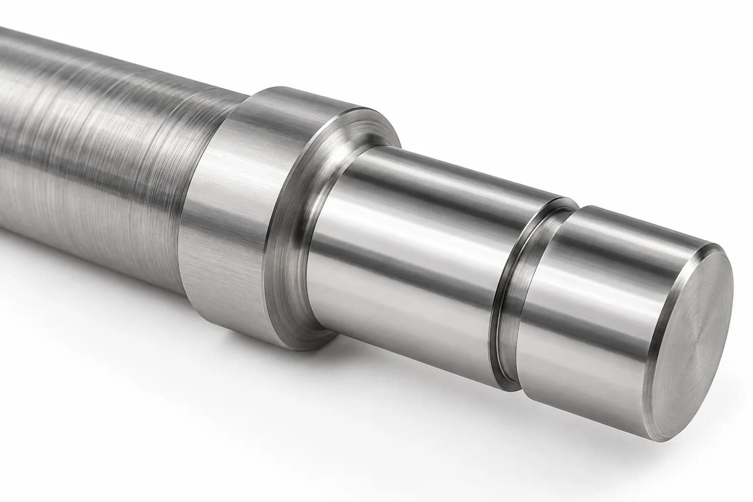 Close view of a silver shaft's finished journal, shoulder fillet and deburred groove