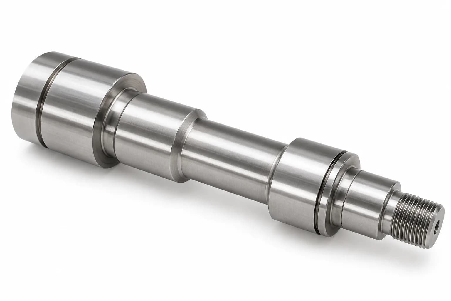 Silver stepped shaft geometry with finished bearing journals, shoulders, a retaining groove and threaded end