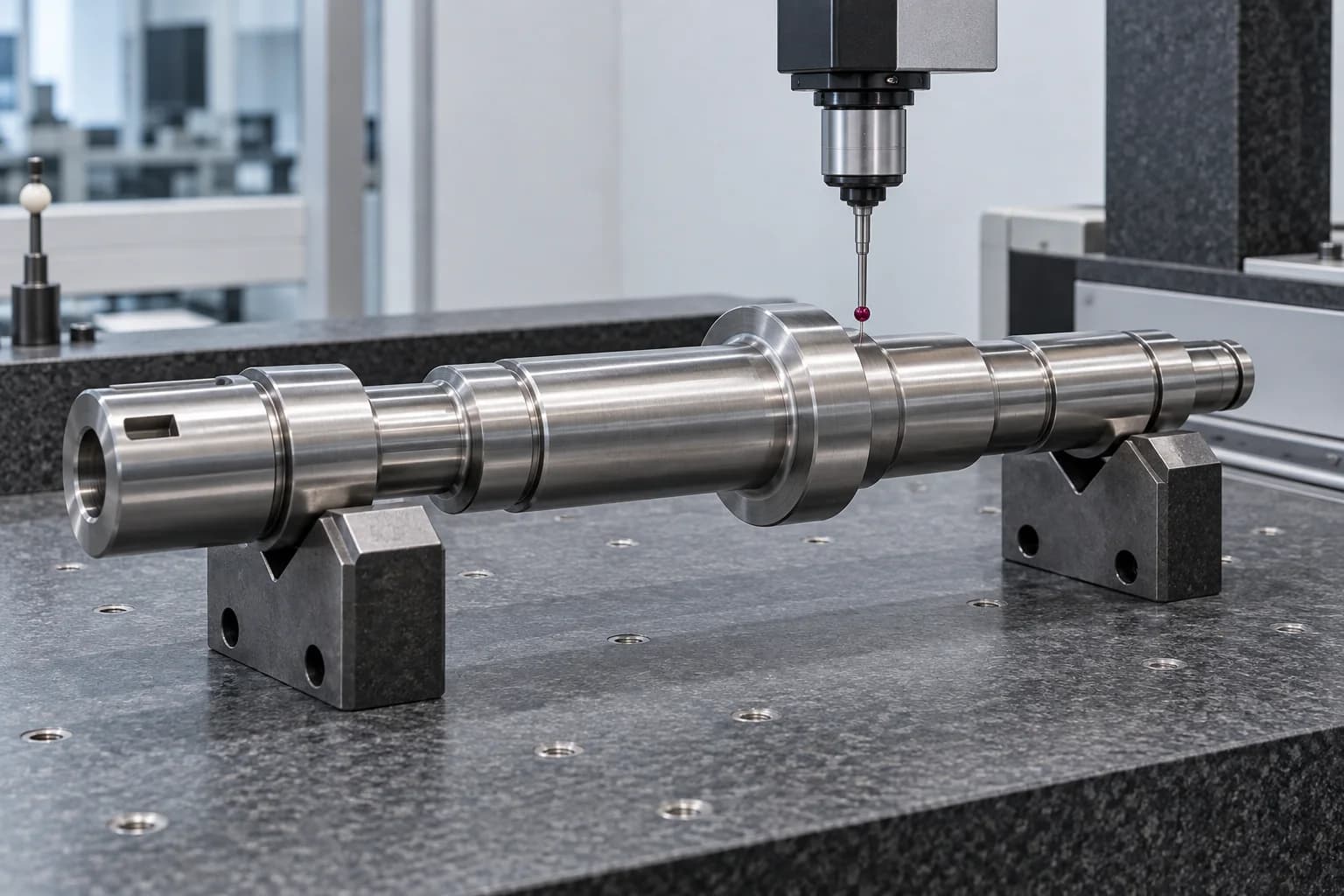 Silver stepped shaft supported on V-blocks beside a CMM probe