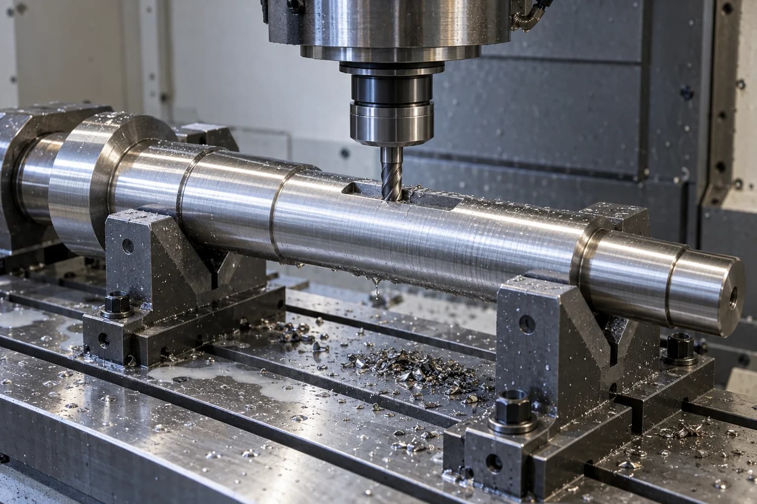 CNC Milling setup for a supported silver nickel-superalloy shaft