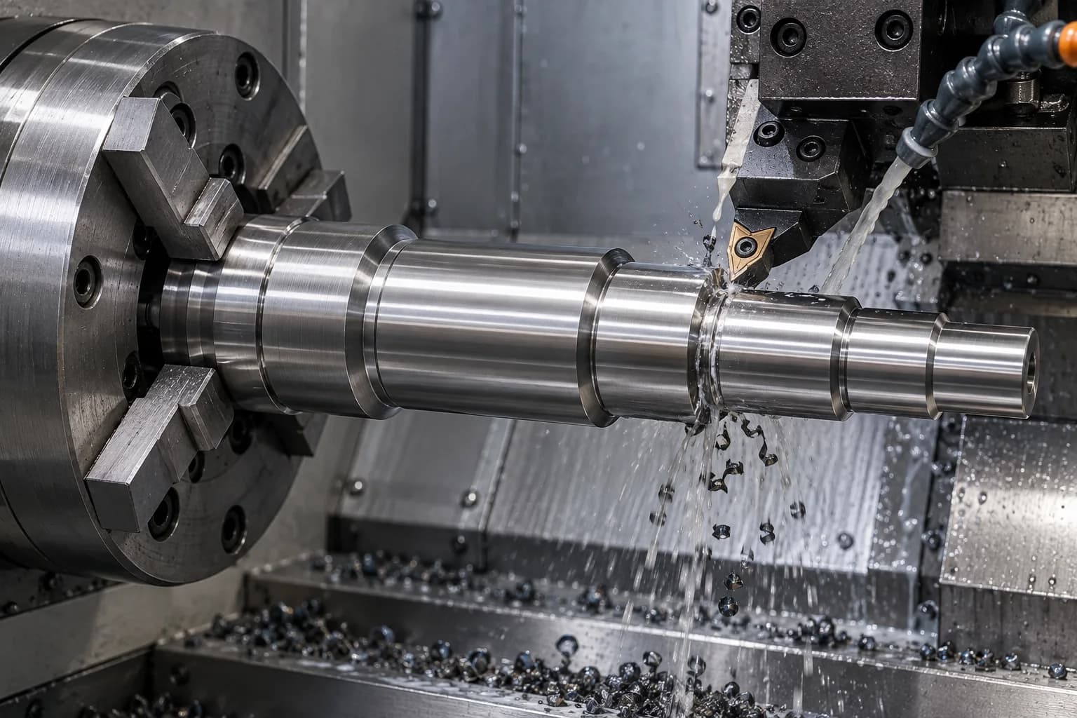 Precision CNC Turning setup for a supported silver nickel-superalloy shaft