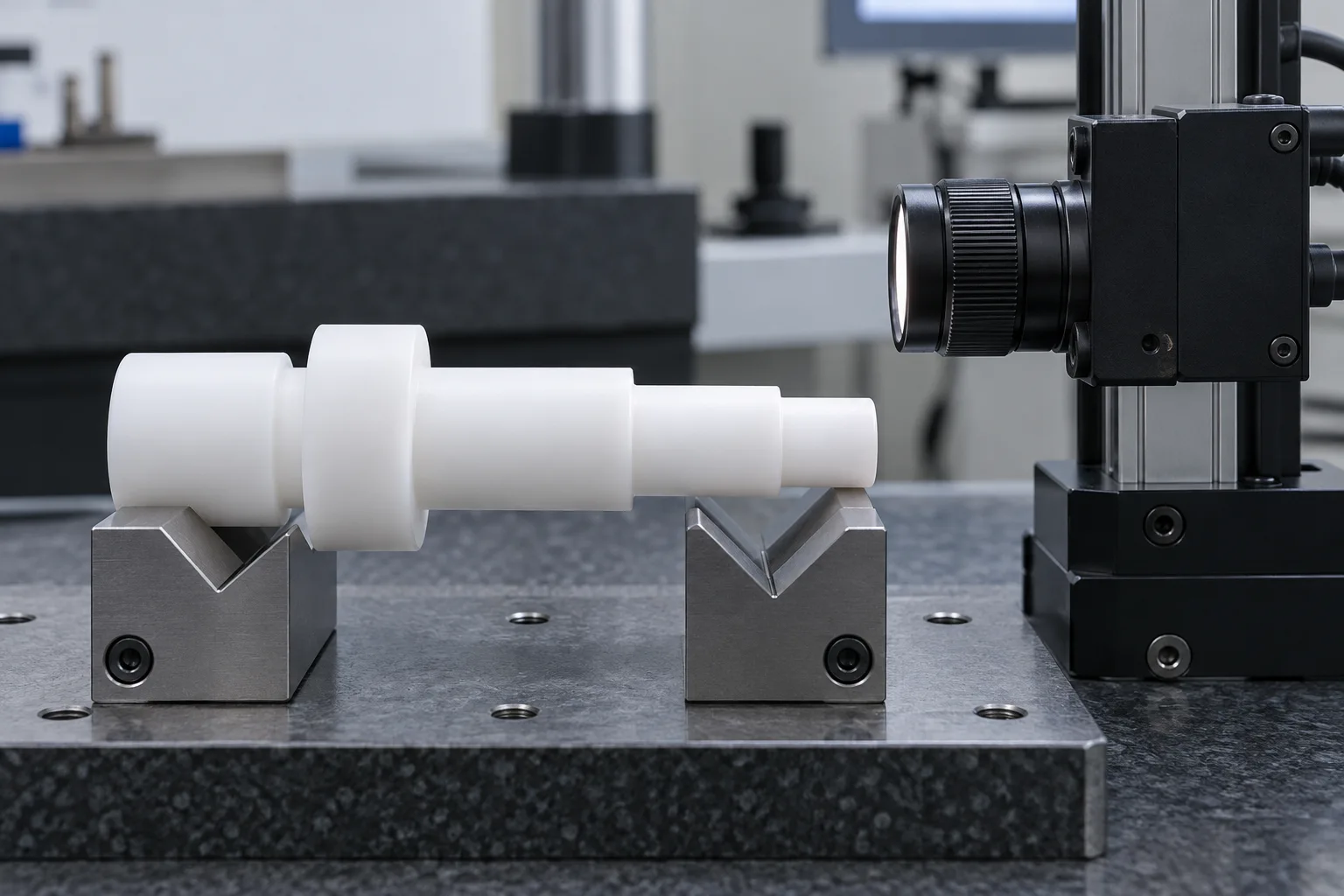 Dimensional Inspection of a supported white PTFE shaft component
