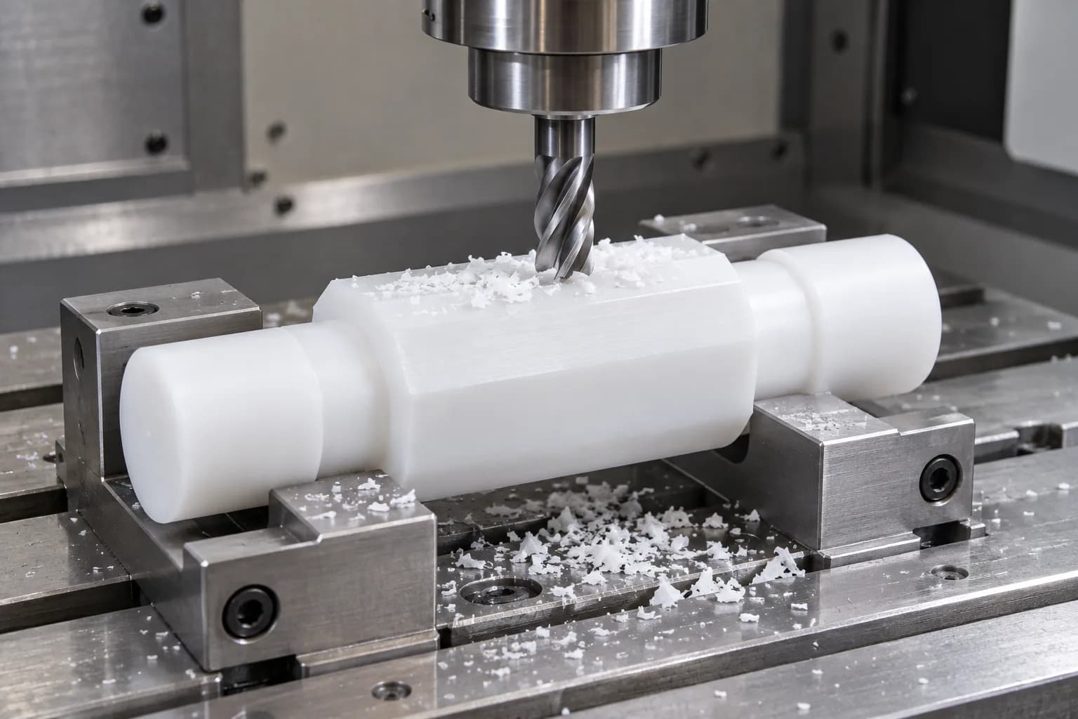 CNC Milling of a supported white PTFE shaft component