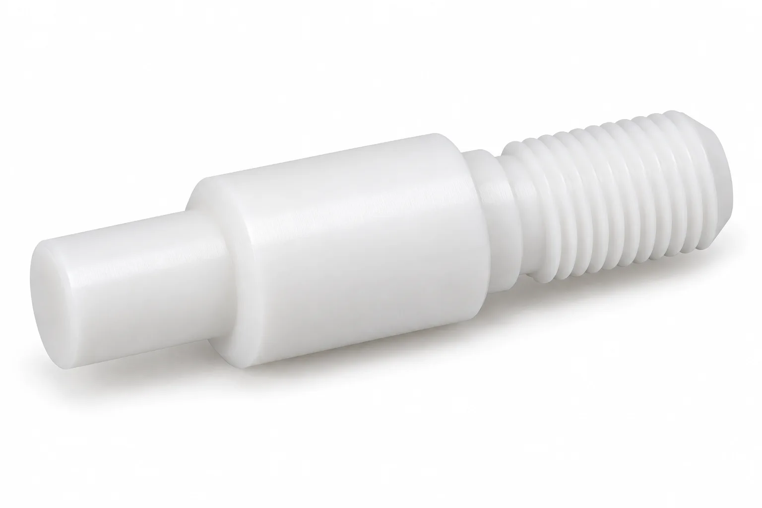 Threaded PTFE Shafts with opaque white machined PTFE features on a white background