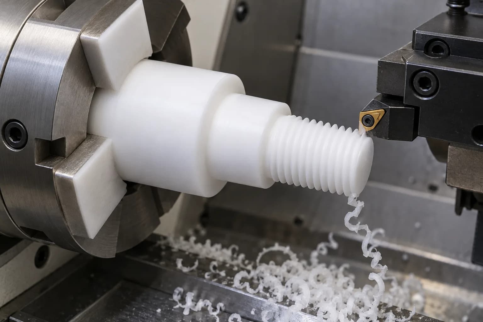Threading & Secondary Operations of a supported white PTFE shaft component