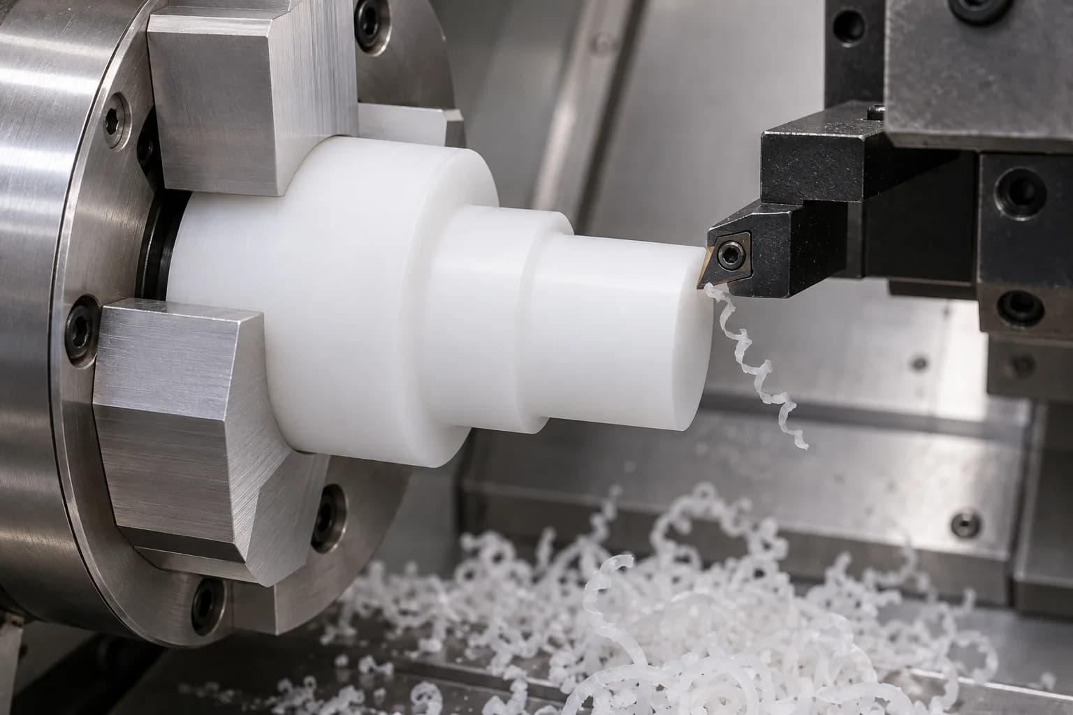 CNC Turning of a supported white PTFE shaft component