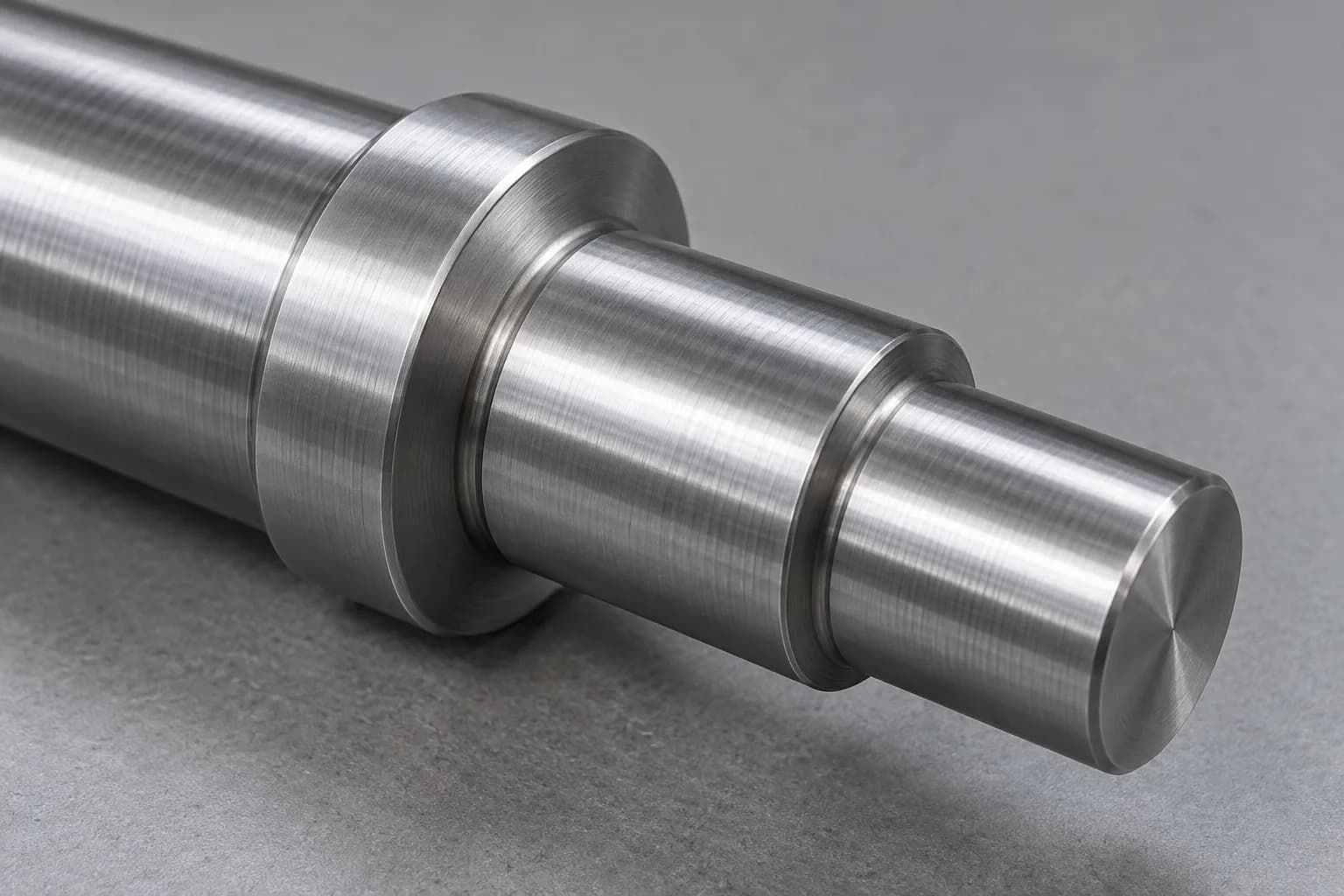 Close view of a ground steel shaft shoulder, bearing journal and deburred transition