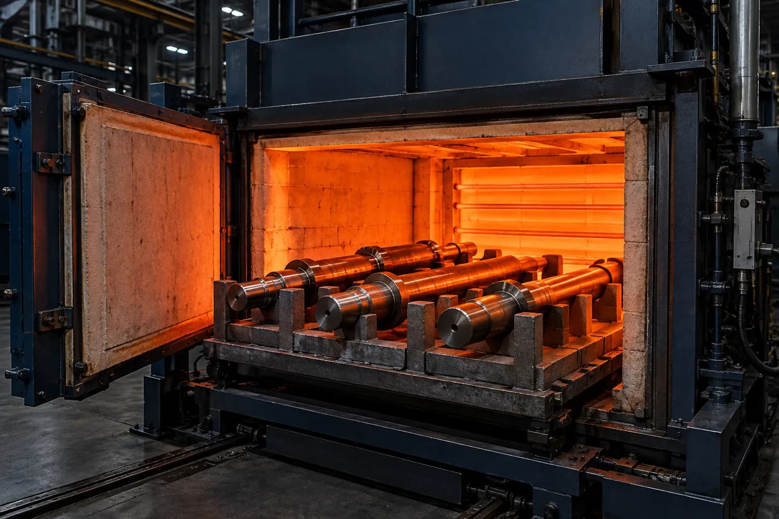 Steel shaft blanks on a rack at an orange-lit heat-treatment furnace