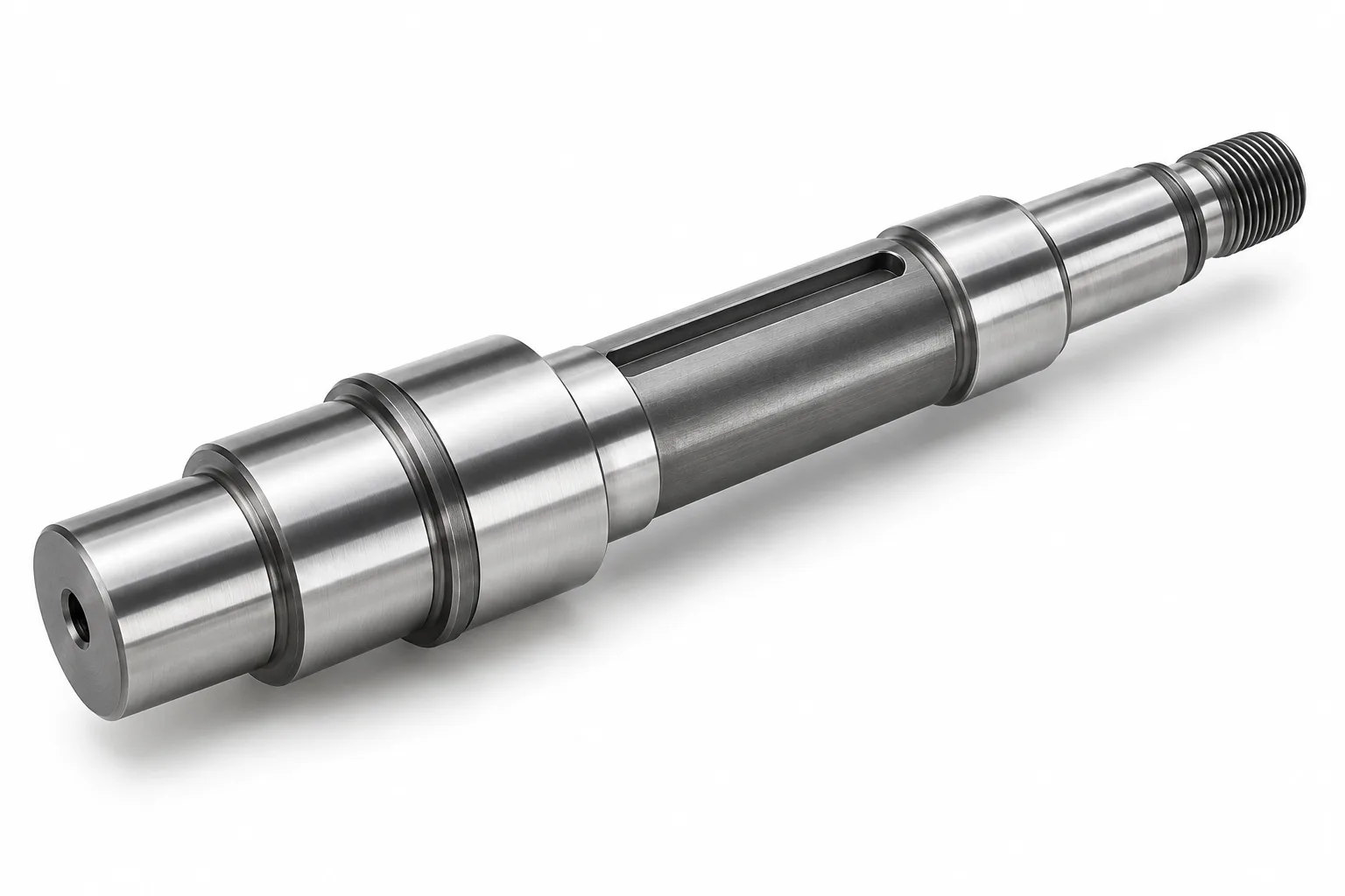 Finished stepped tool steel shaft with polished ground journals, a keyway and threaded end on white