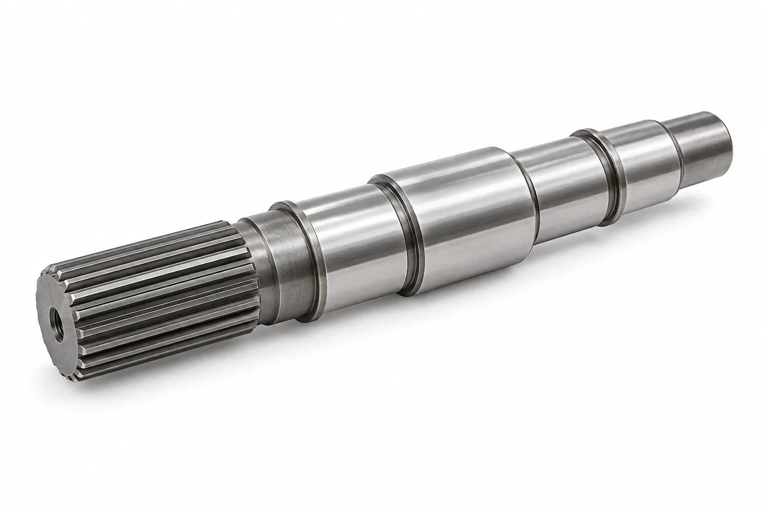 Splined Shafts with precision machined functional surfaces on a white background