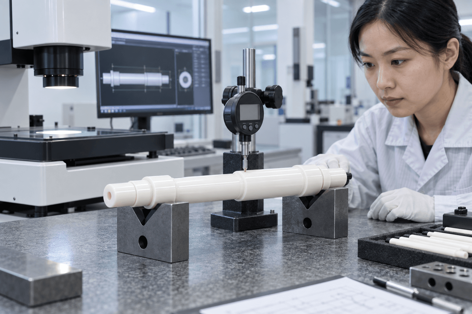Precision ceramic shaft dimensional inspection