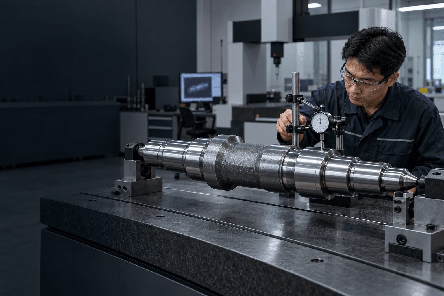 Asian quality engineer inspecting forged precision shaft runout