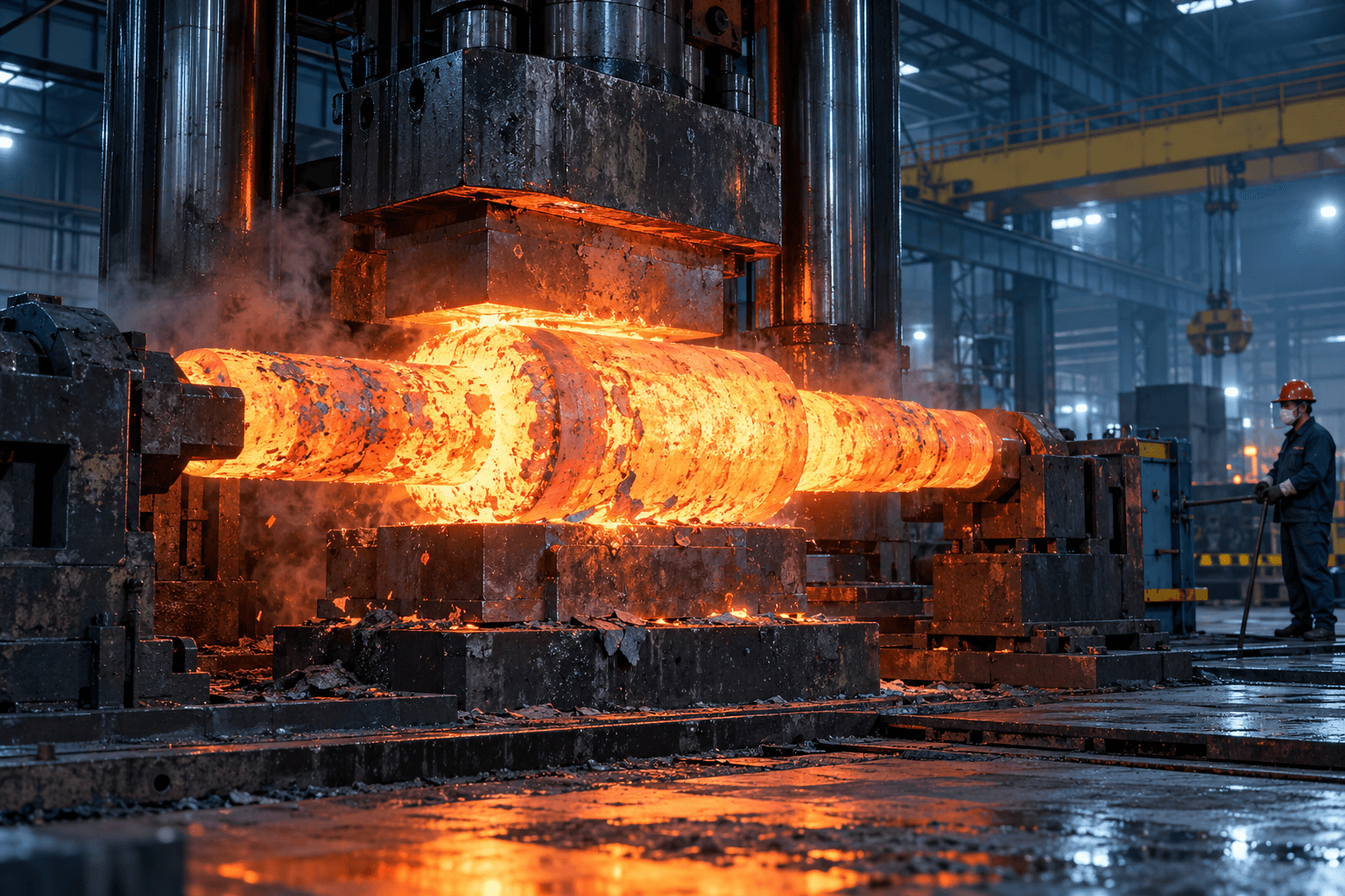 Open-die forging operation shaping a hot stepped alloy-steel shaft blank