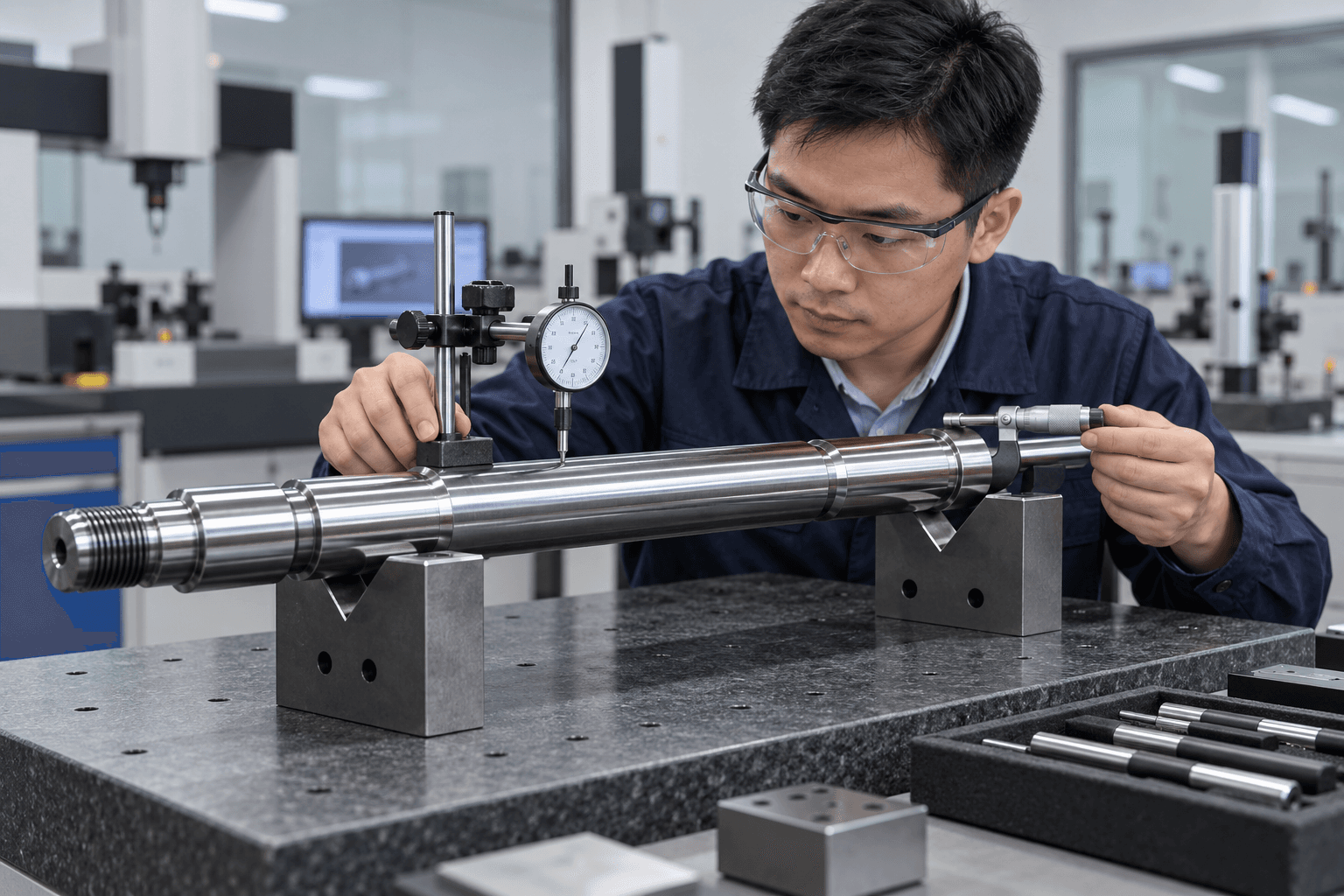 Asian quality engineer inspecting precision shaft rod straightness and diameter