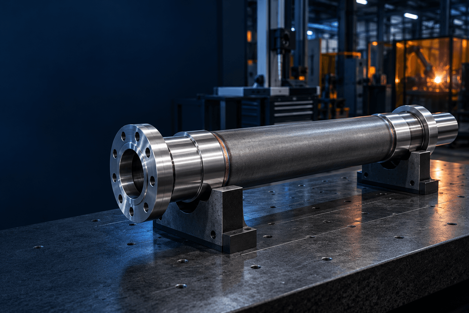 Finished tubular welded shaft assembly with machined journals and flange