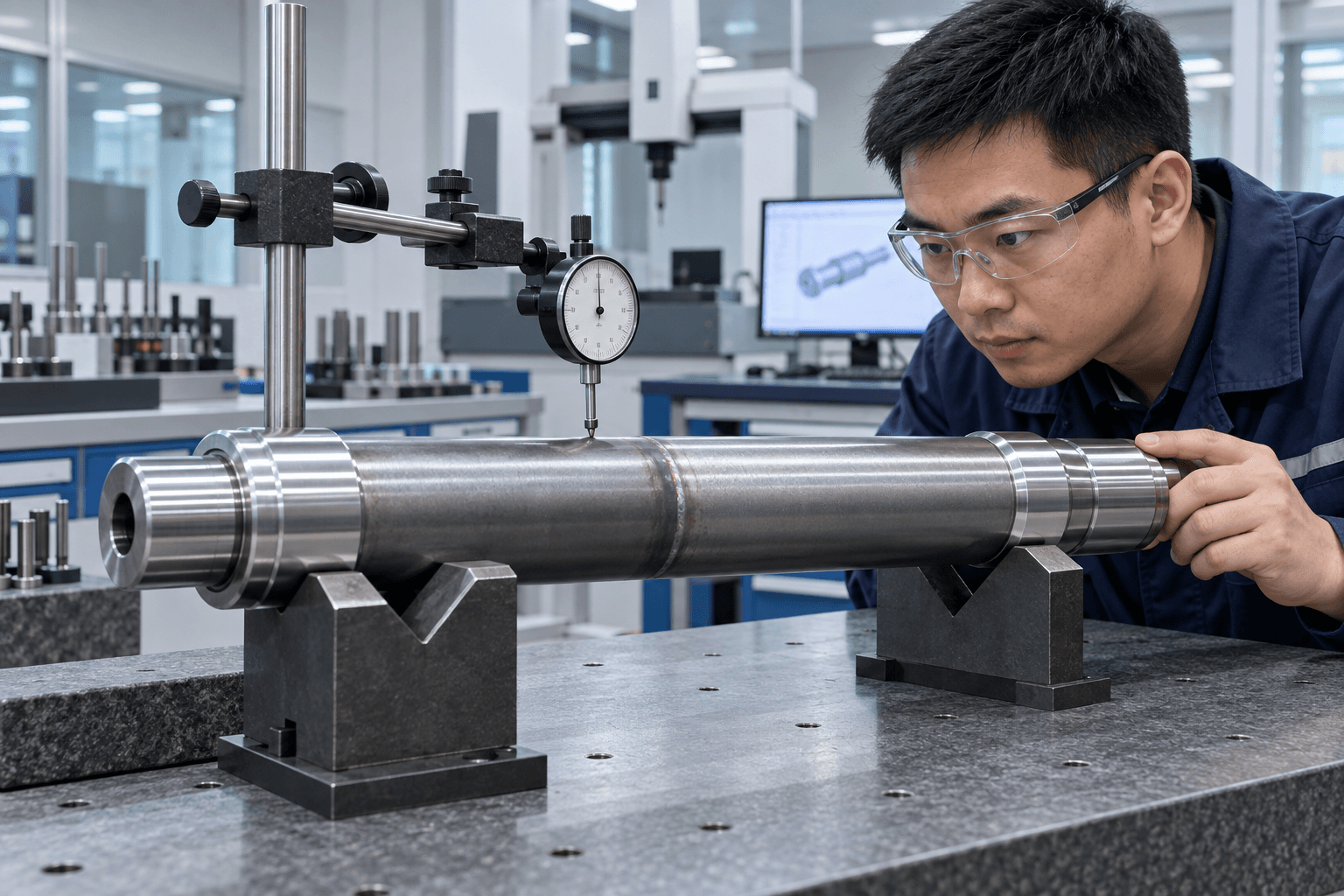 Asian quality engineer measuring welded shaft runout with a dial indicator