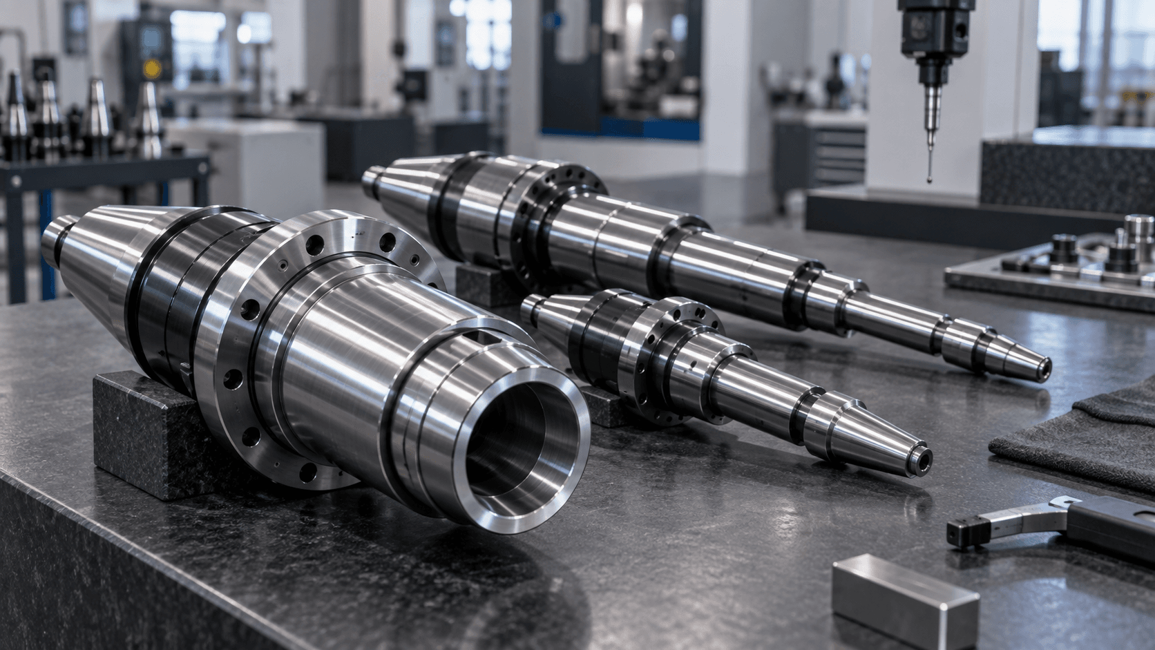 OEM machine spindle shafts ready for inspection