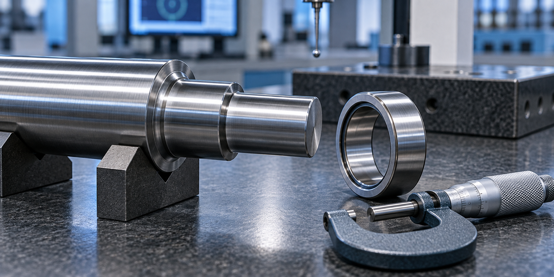 Machined bearing seat, bearing inner ring and micrometer on an inspection bench