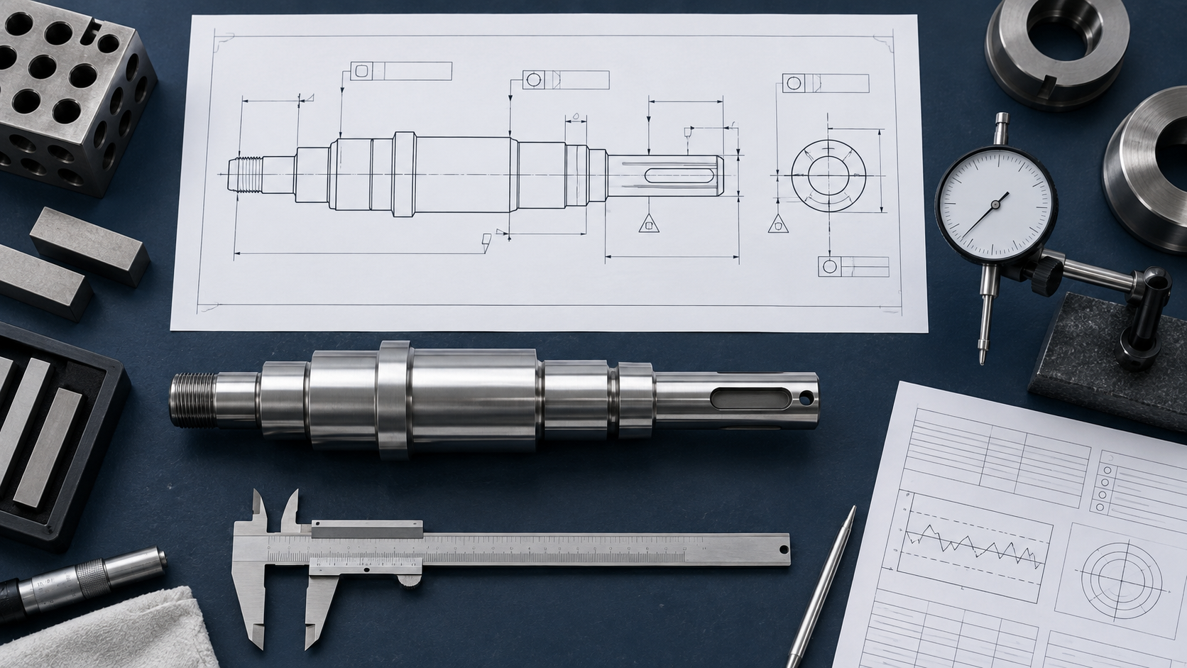 Engineering drawing, finished shaft, calipers and dial indicator prepared for a bearing-journal inspection plan