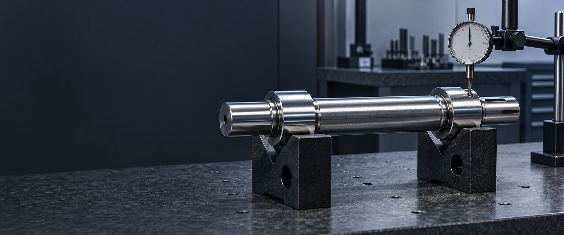 Precision shaft supported on V-blocks while a dial indicator checks bearing journal runout