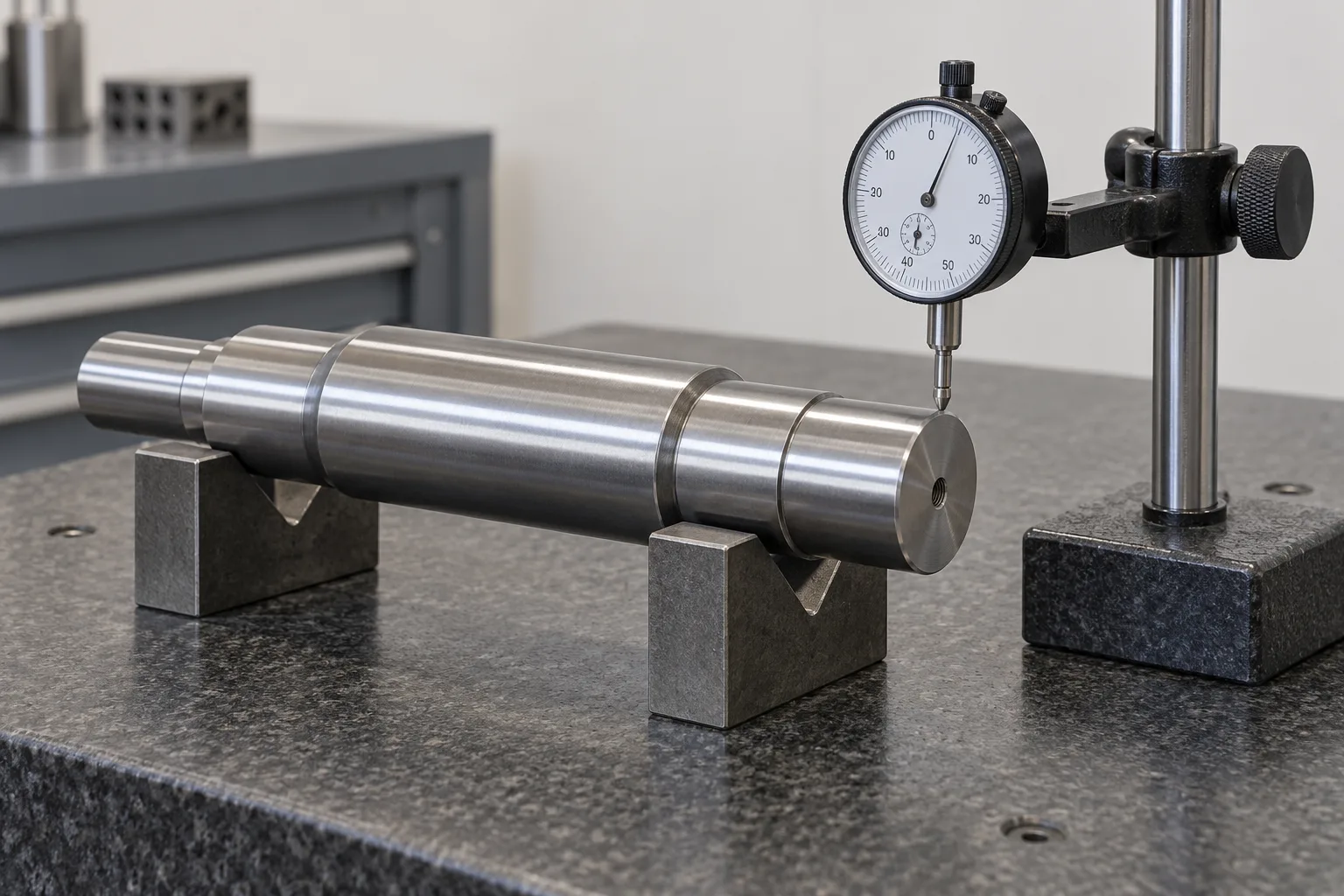 Dial indicator contacting a supported shaft during illustrative geometric inspection