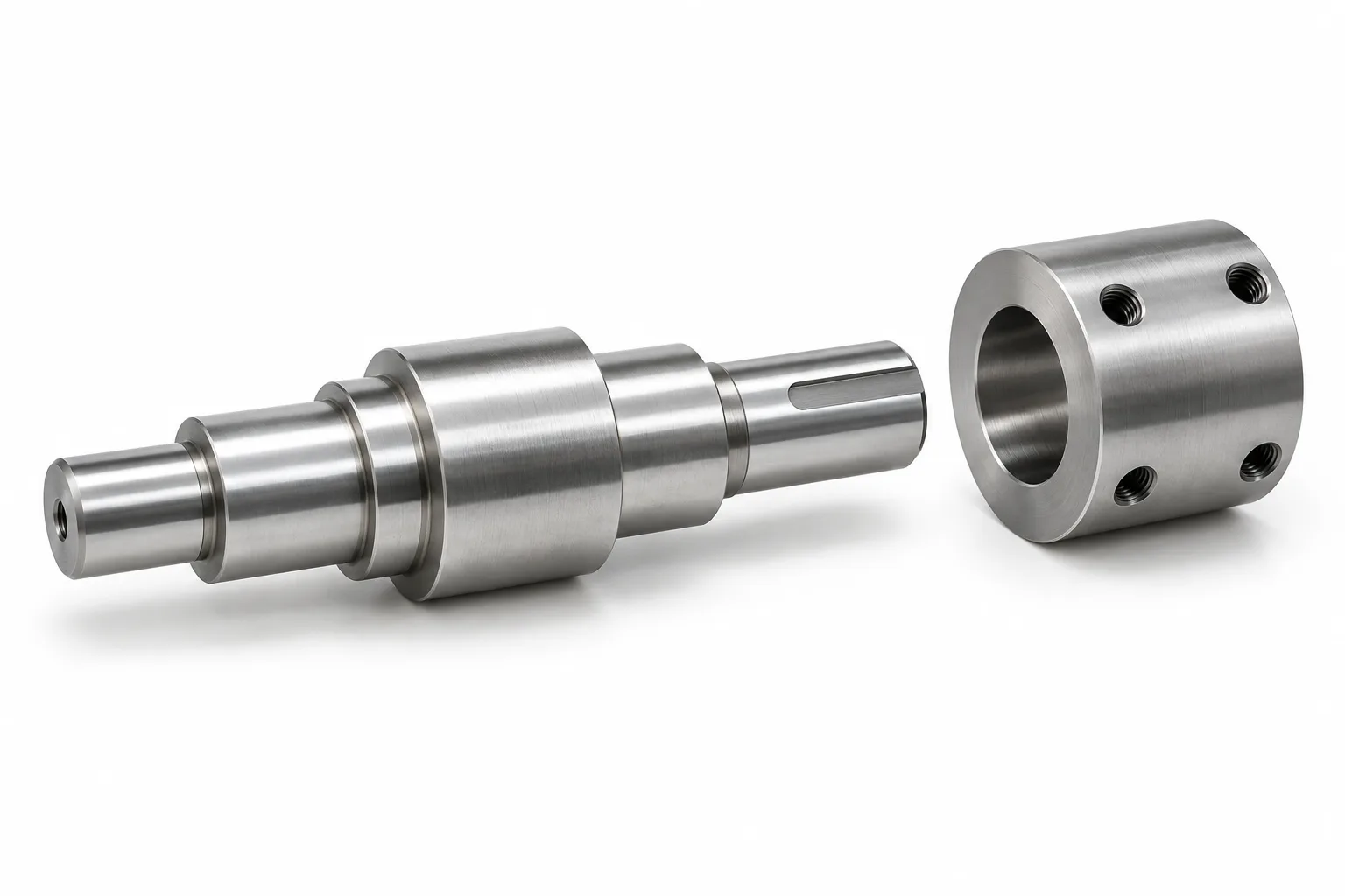 Machined shaft end and separate coupling hub on a white background