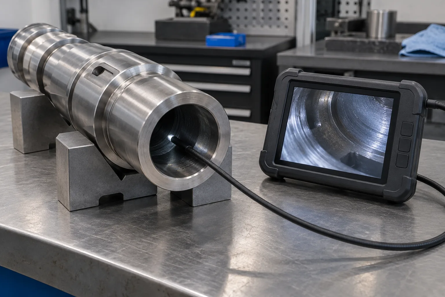 Videoscope cable entering a hollow shaft with an adjacent inspection monitor