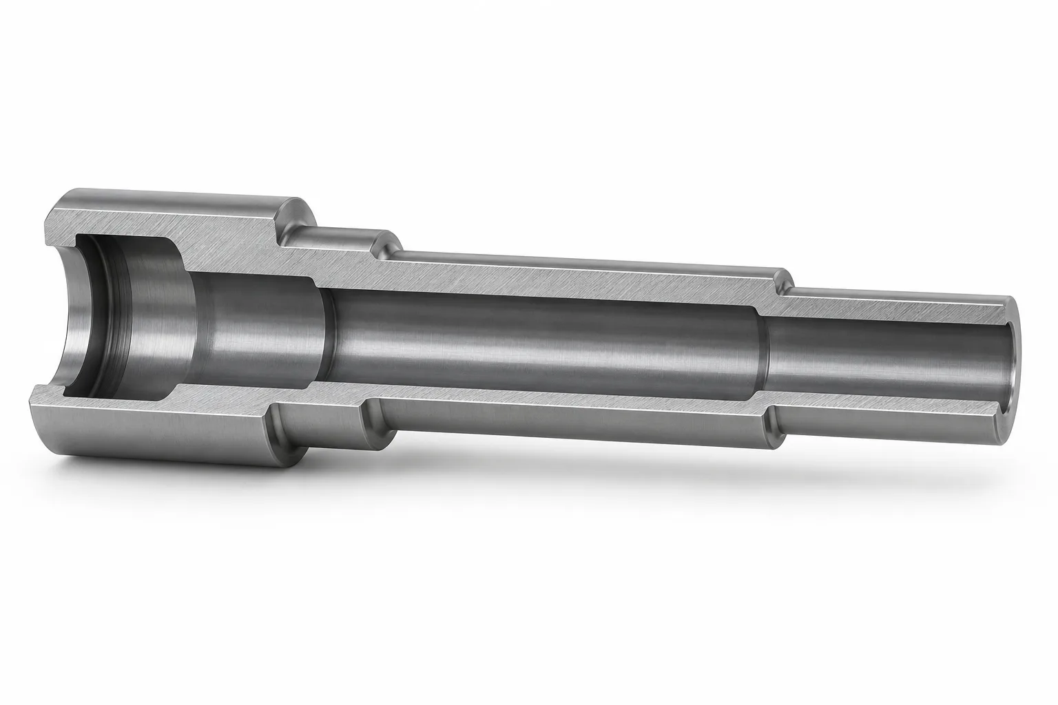 Longitudinal cutaway of a stepped hollow shaft showing internal diameter transitions