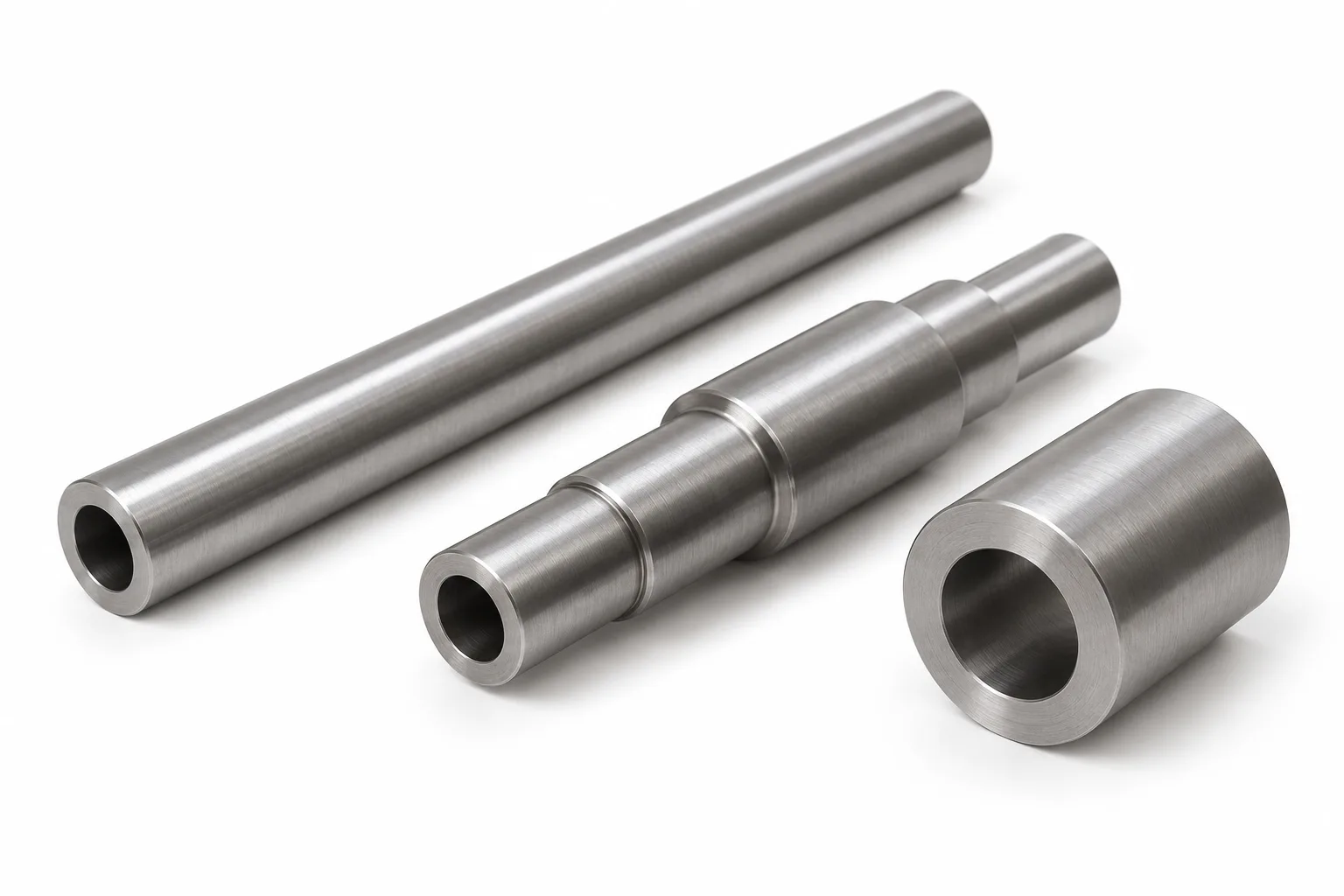 Three steel hollow shaft forms with visible bore entrances