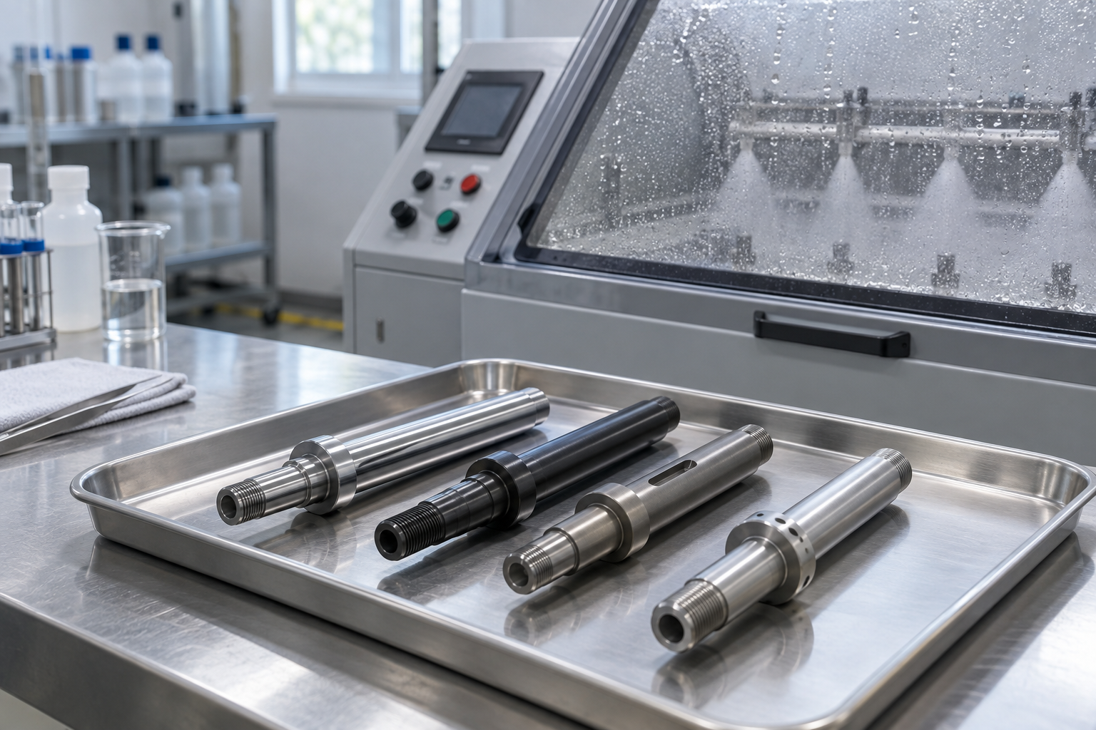 Precision shafts prepared beside a controlled corrosion-test chamber