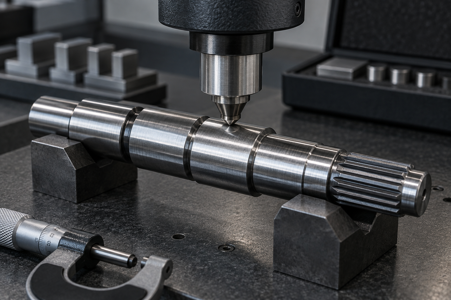 Hardness inspection being performed on a precision shaft with micrometer measurement nearby