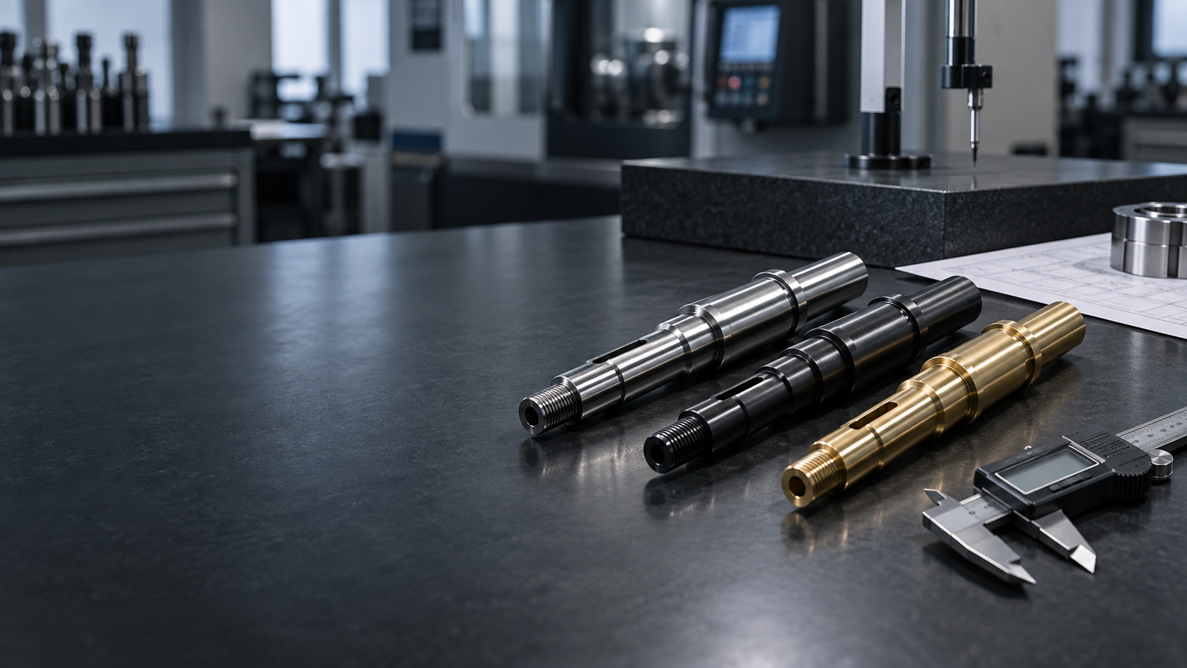 Precision shaft specimens in stainless steel, alloy steel and brass arranged for material comparison