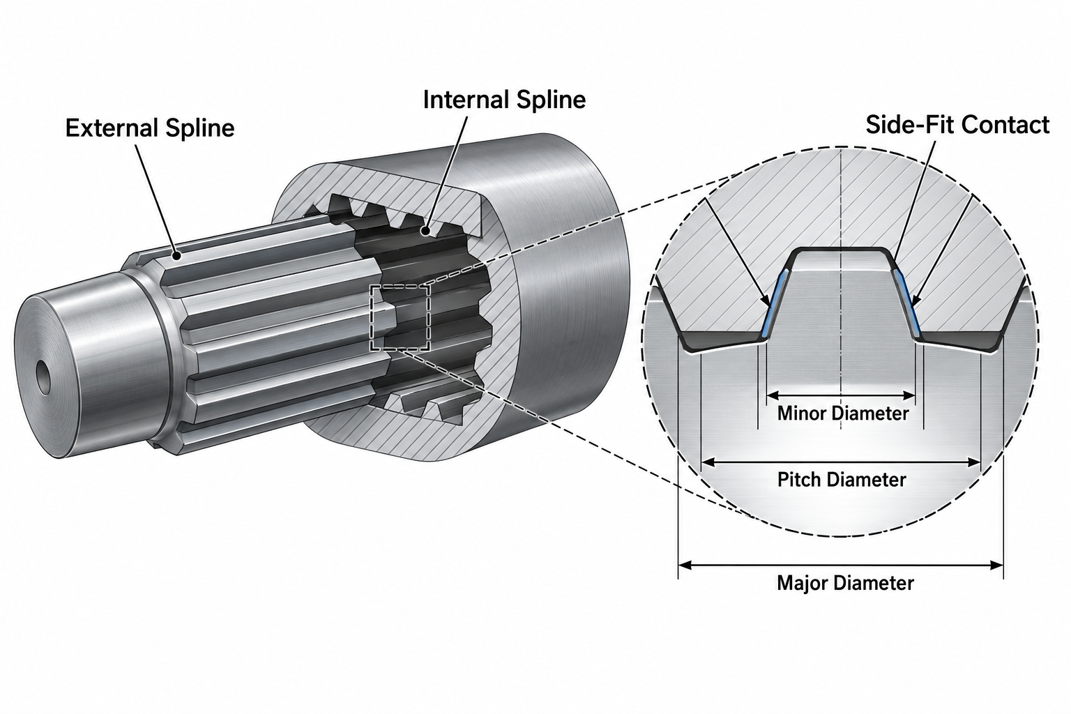 Technical illustration of an involute spline side-fit interface and key reference diameters.