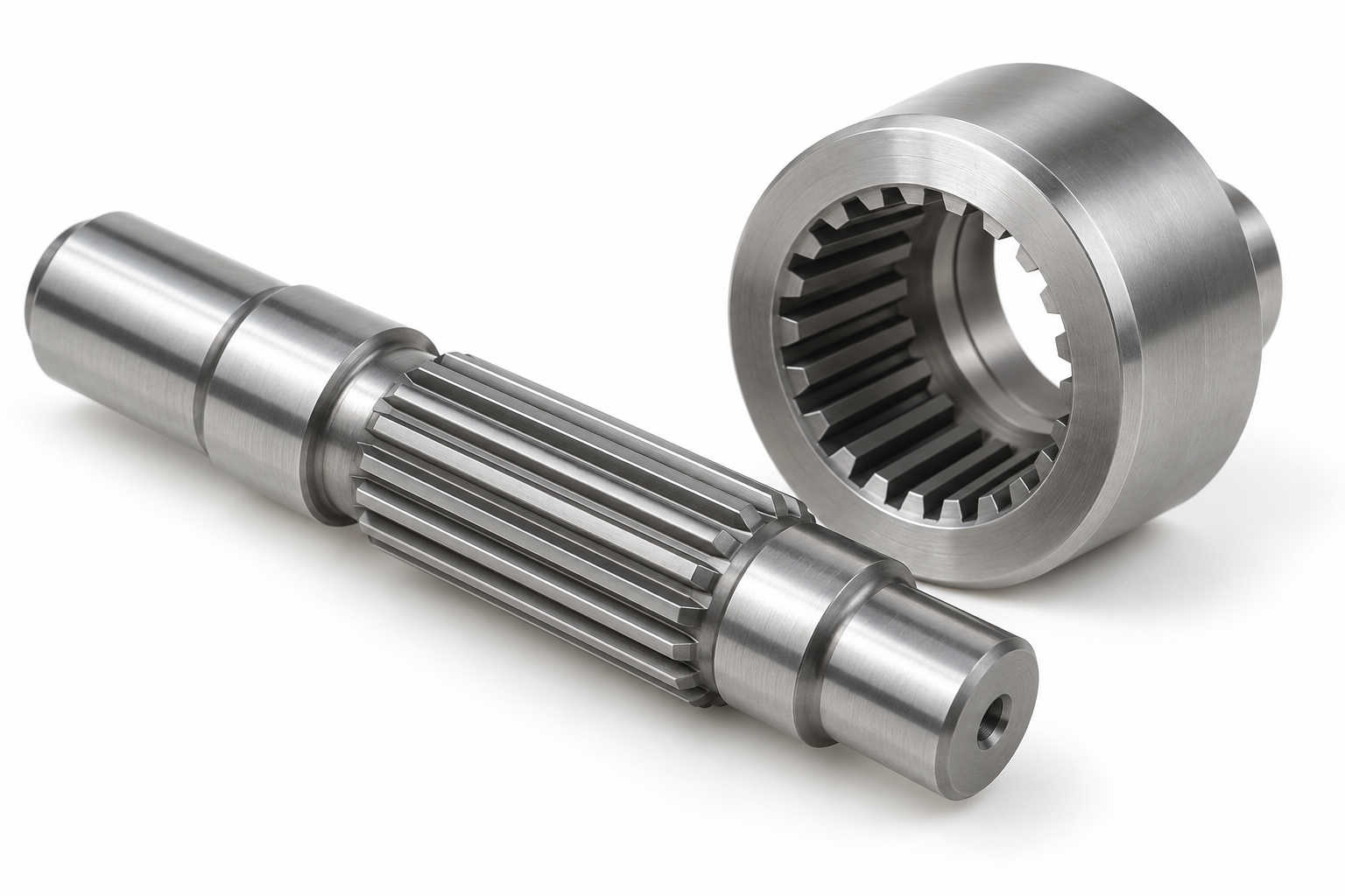 External involute spline shaft beside a matching internal spline hub.