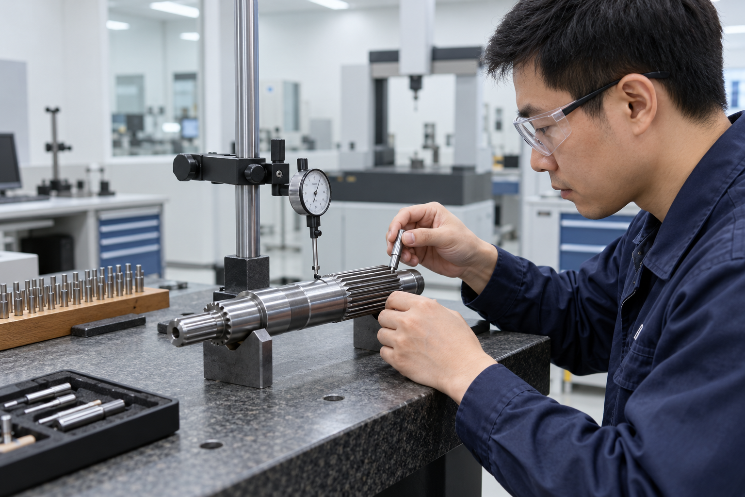 Illustrative spline shaft inspection using measuring pins and a dial-indicator fixture.