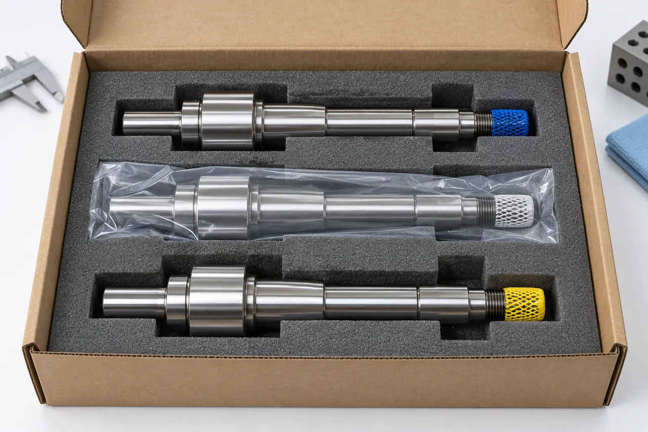 Precision steel shafts separated in fitted protective pockets for shipping.