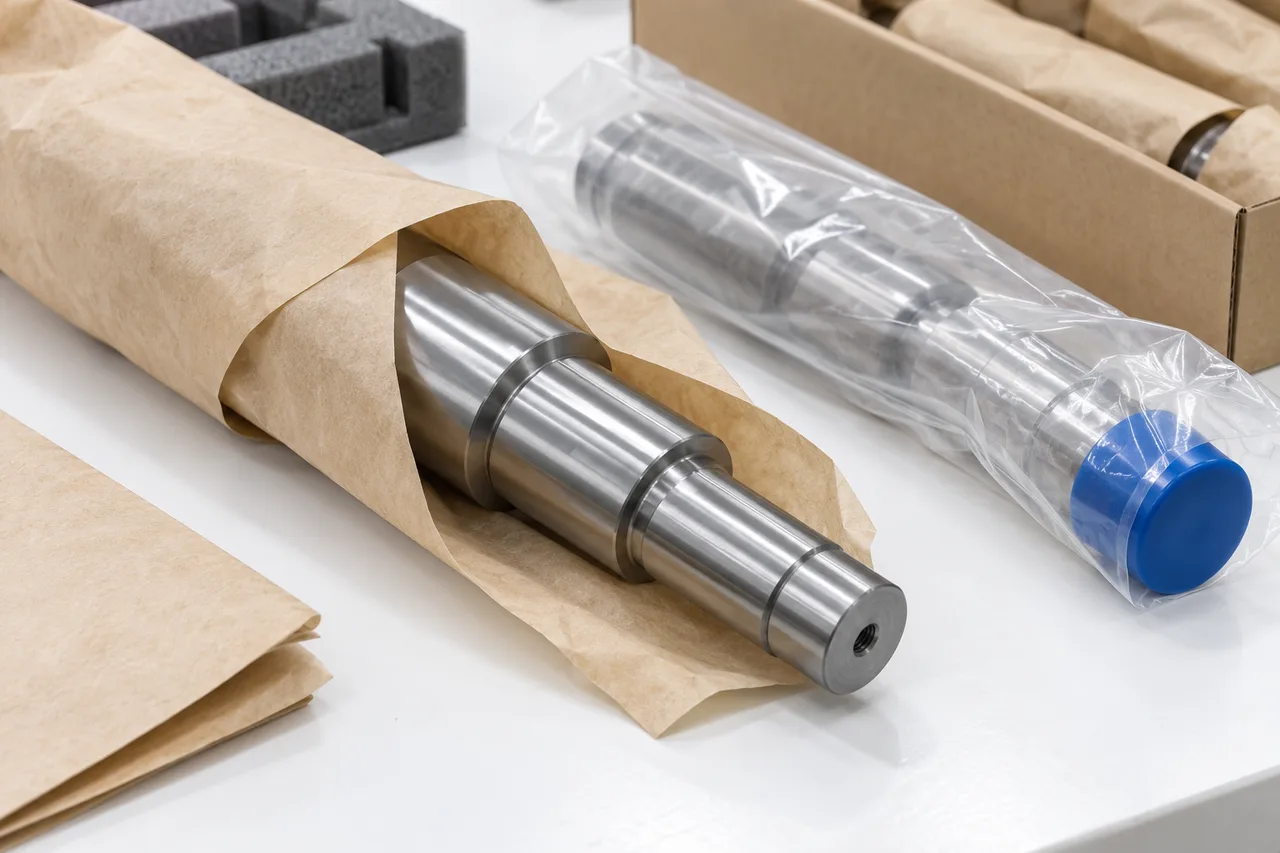 Illustrative shaft preservation materials on a clean packaging bench.
