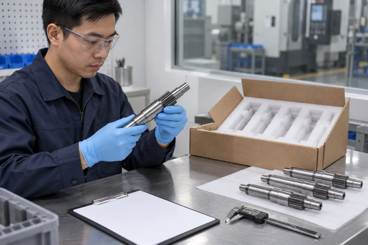 Illustrative receiving inspection of a shaft and its protective packaging.