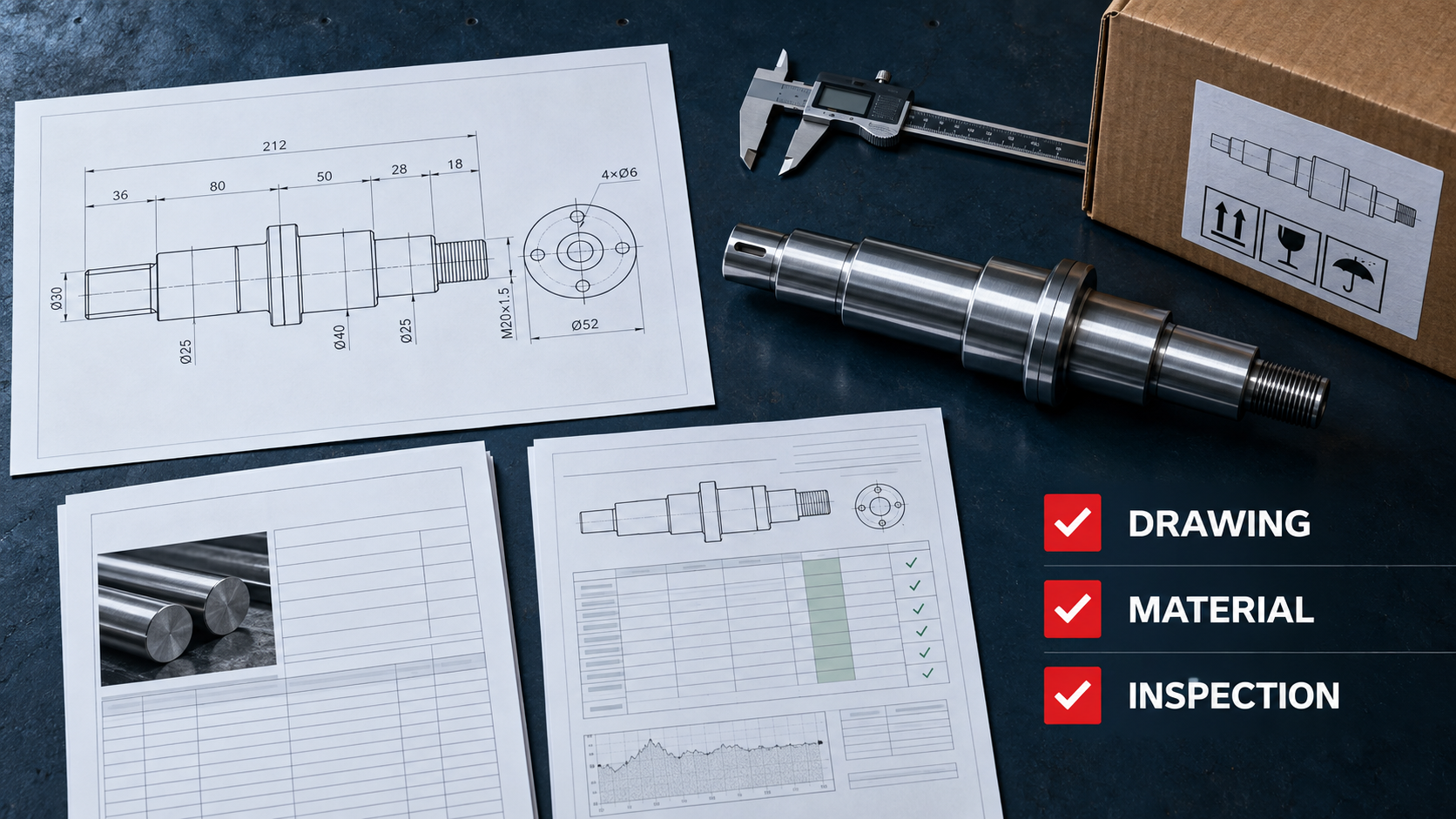 Precision shaft RFQ package with drawing, material, and inspection records