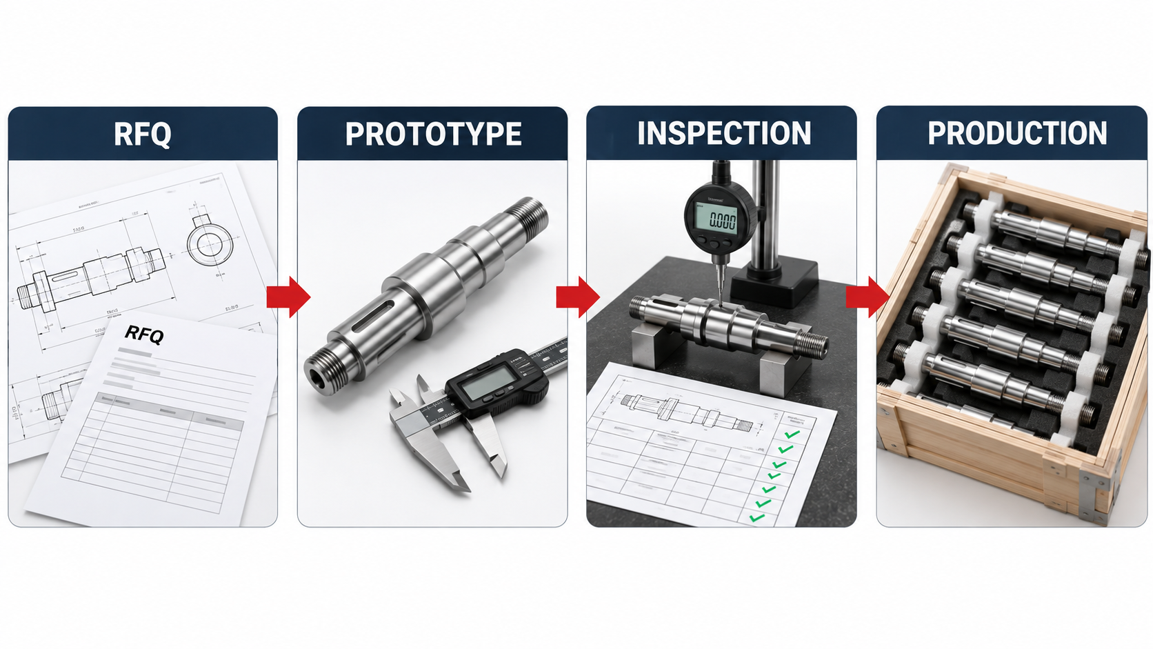 Precision shaft workflow from RFQ through prototype and inspection to production